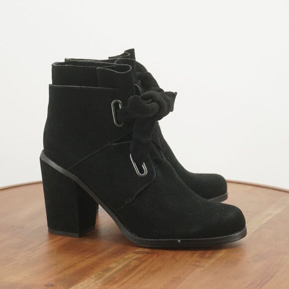 Spendid Womens Rhiannon Ankle Boots Block Heel Black Suede Bow Tie 9.5 - Picture 1 of 11